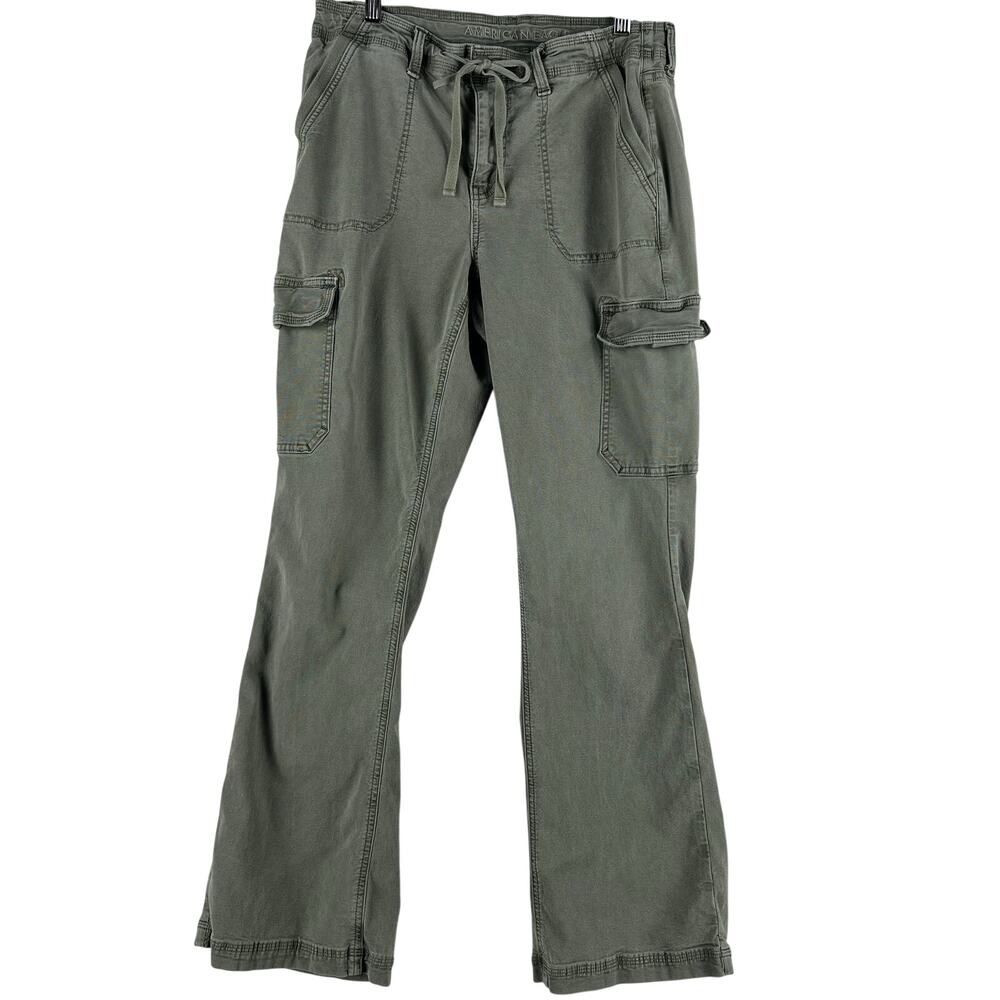 American Eagle Womens Cargo Pants Size 10 Olive Green Drawstring Flare Stretch